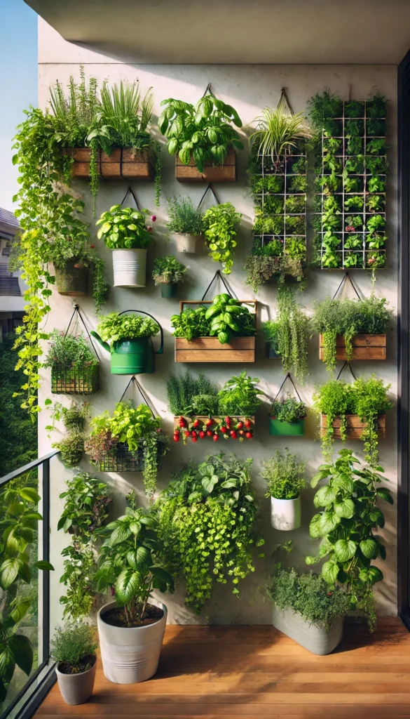 A vertical garden on a balcony wall with various herbs and vegetables growing in hanging pots and wall-mounted planters, creating a lush and vibrant urban garden atmosphere.