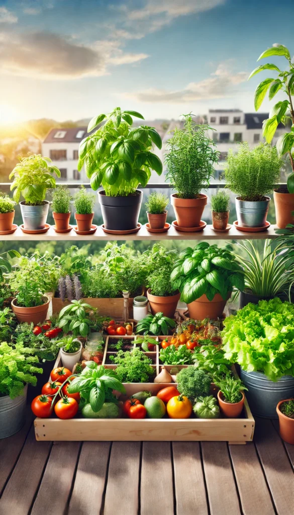 A vibrant kitchen garden on a balcony, filled with pots of basil, mint, tomatoes, and lettuce, against a sunny cityscape background.