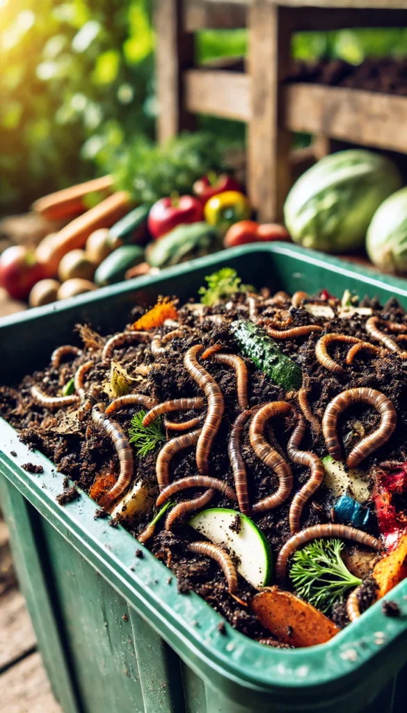 Close-up of a vermicomposting bin with worms and decomposing vegetable scraps.