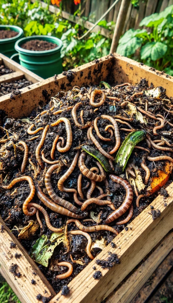 Close-up view of a vermicomposting bin with worms