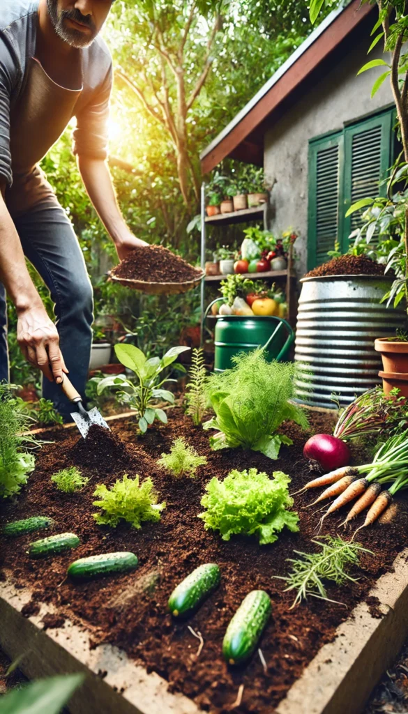 Home garden with plants and vegetables, a person applying compost, and a compost pile in the background.