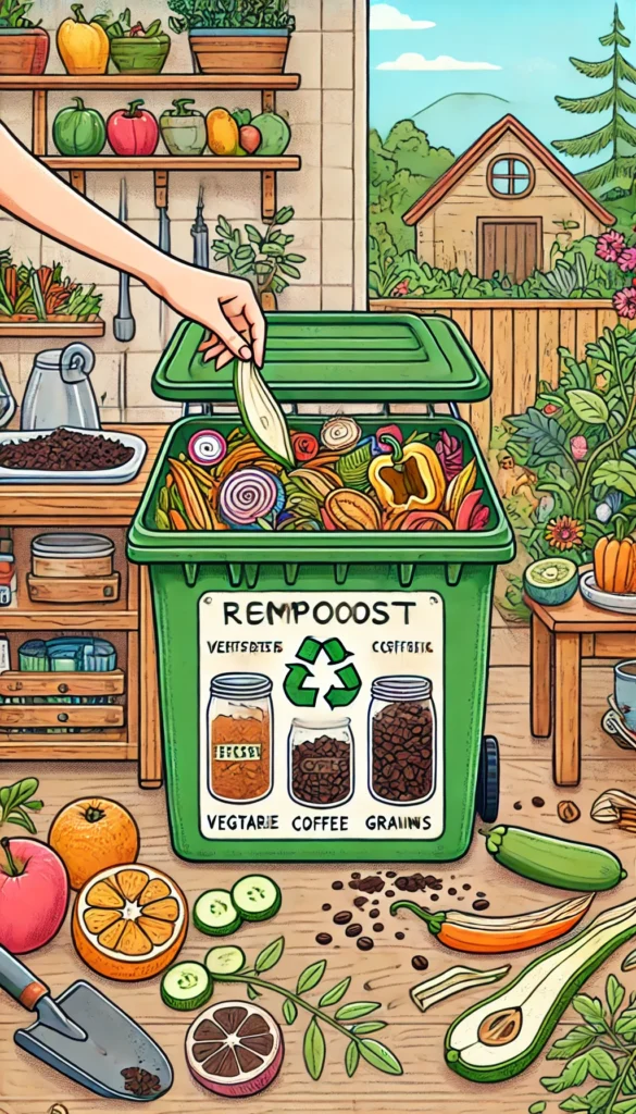 Illustration of kitchen scraps being added to a compost bin in a home garden