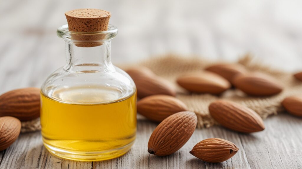 cold pressed almond oil in glass jar